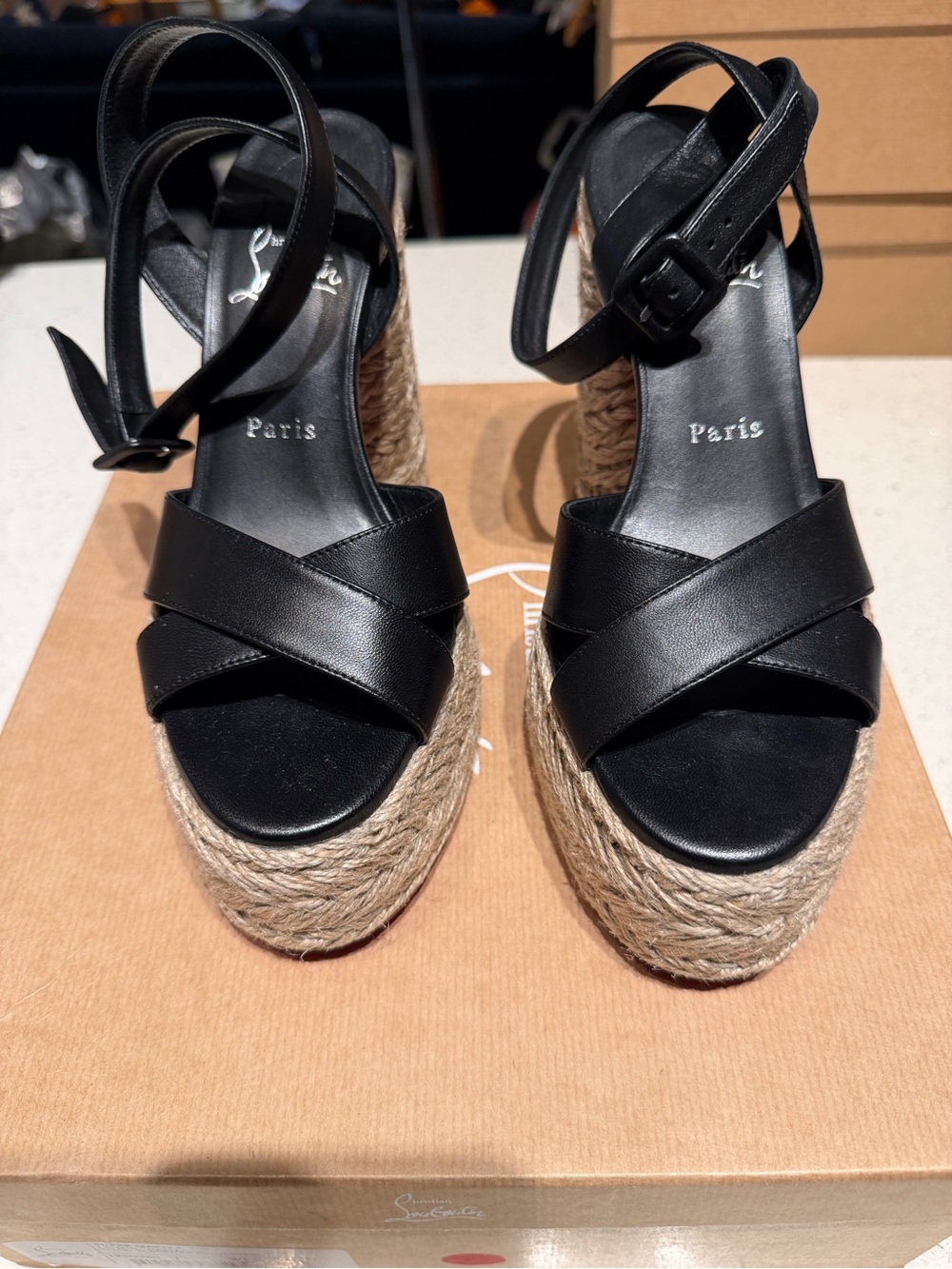 Christian Louboutin Super Mariza 130 Black Leather Espadrille Wedge Sandals - Picture 3 of 11